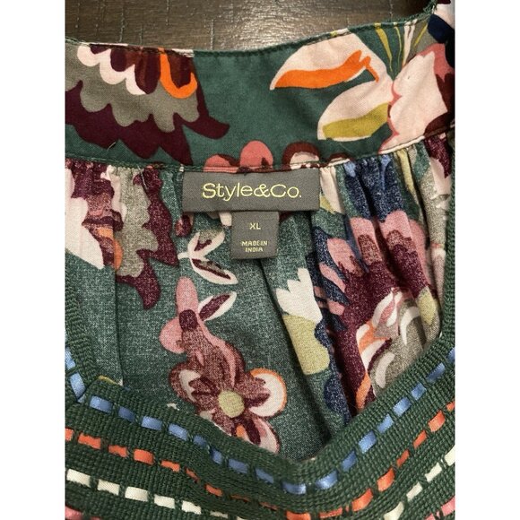 Style & Co Floral Boho Peasant Top XL Green Puff Sleeve Embroidered Neckline - Picture 6 of 8